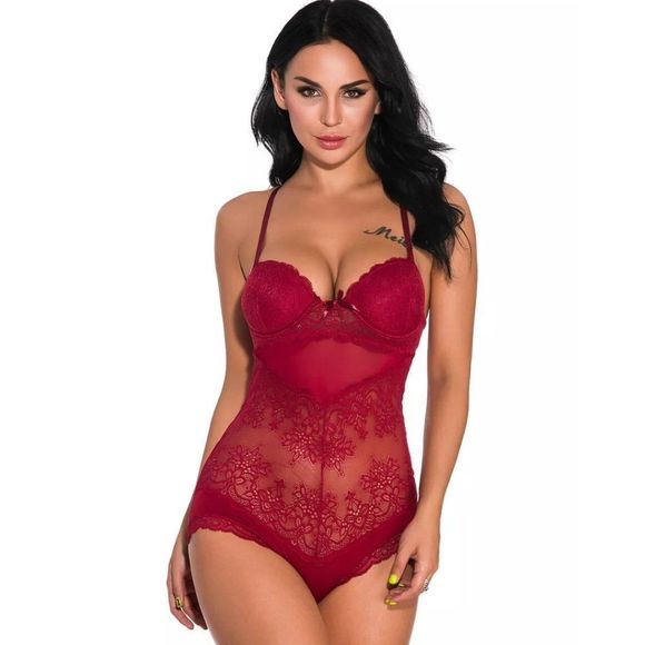 V Neck Lace Bodysuit One Piece Teddy Babydoll - Picture 1 of 3